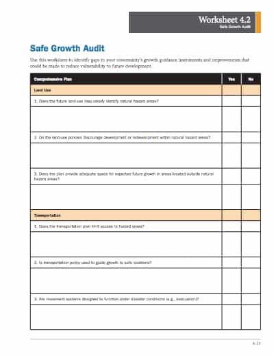 A screenshot of the Safe Growth Audit worksheet. 
