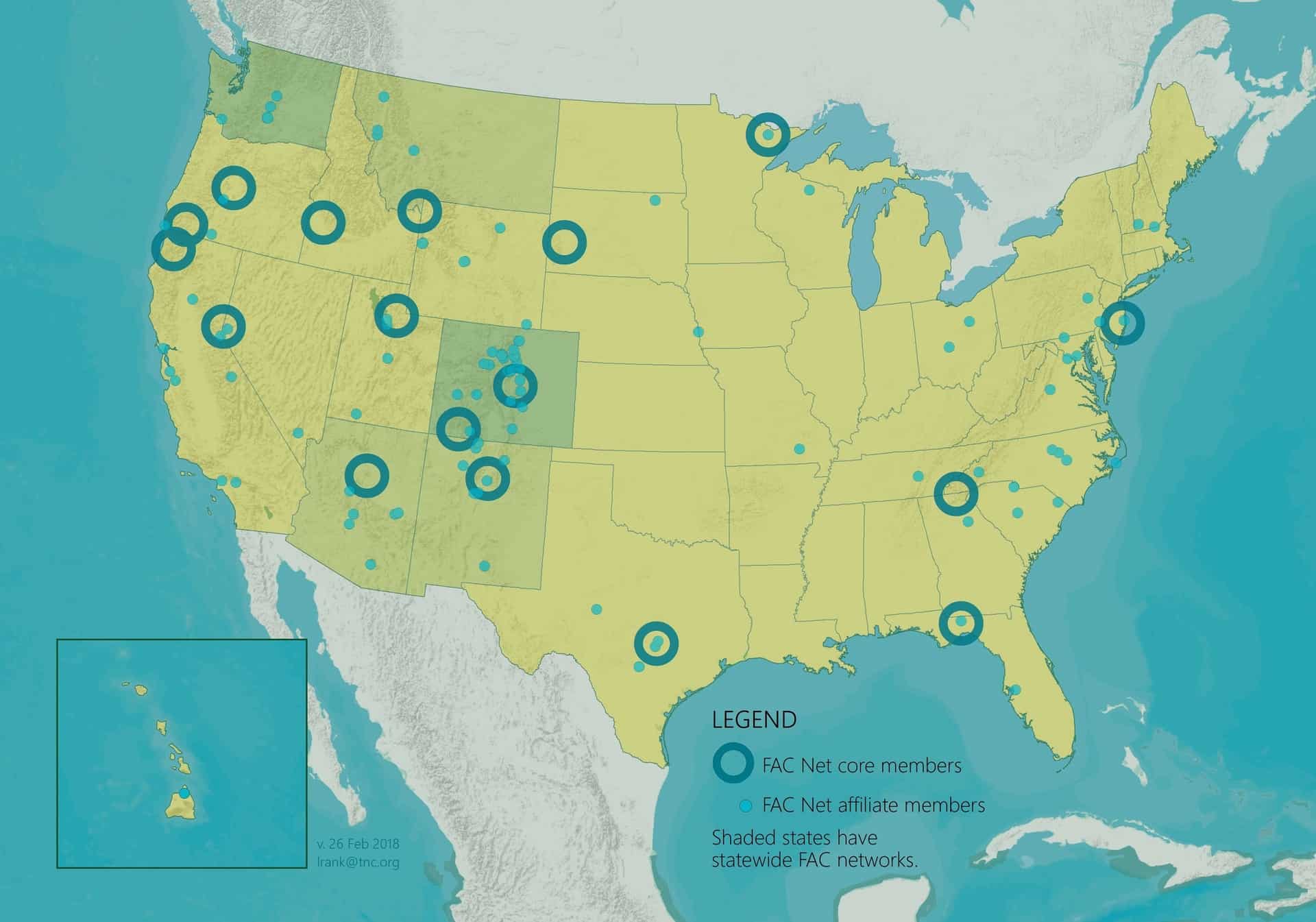 Map showing FAC Net core, affiliate, and state network members