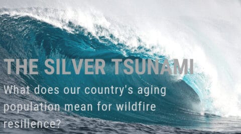 An image of a wave with the following text imposed: Silver Tsunami | What does our country's aging population mean for wildfire resilience?