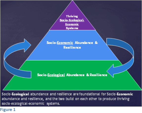 A pyramid with "socio-ecological abundance and resilience" as the base, "socio-economic abundance and resilience" as the next level, and "thriving socio-ecological-economic systems" as the top