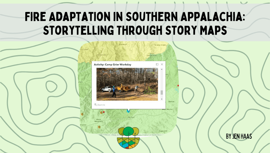 Blog title overlaid on topographic map graphic with screenshot of story map