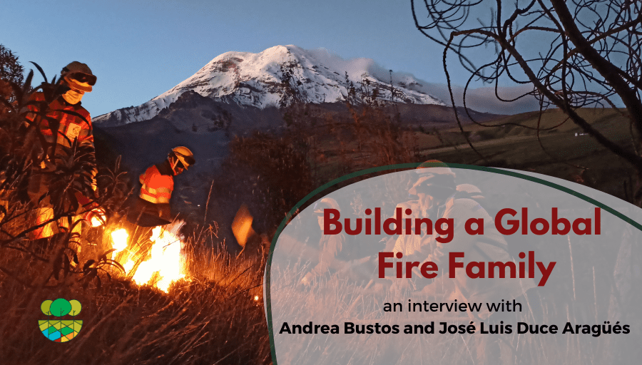 Blog title over a photo of people tending to a prescribed fire with a mountain rising in the background