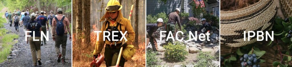 Four images side by side: 1) a group of people walking down a gravel pathway. 2) A person in firefighting gear holding a drip torch on a prescribed fire. 3) Three people in workwear and hardhats landscaping the ground in front of a house. 4) A woven basket with blueberries next to it.
