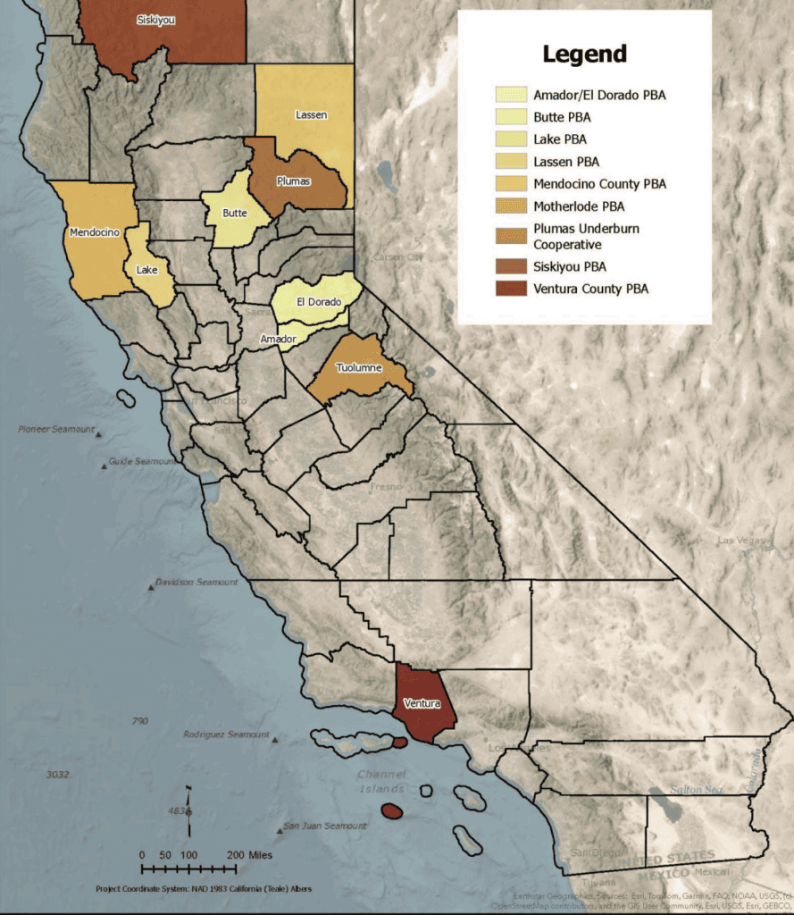 Map of California with counties colored in that received subaward funding.