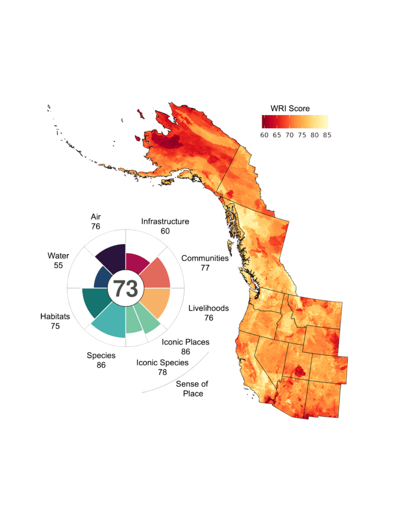 Data visual of western United States with varying degrees of yellow/orange/red, indicating an area's wildfire resilience score.