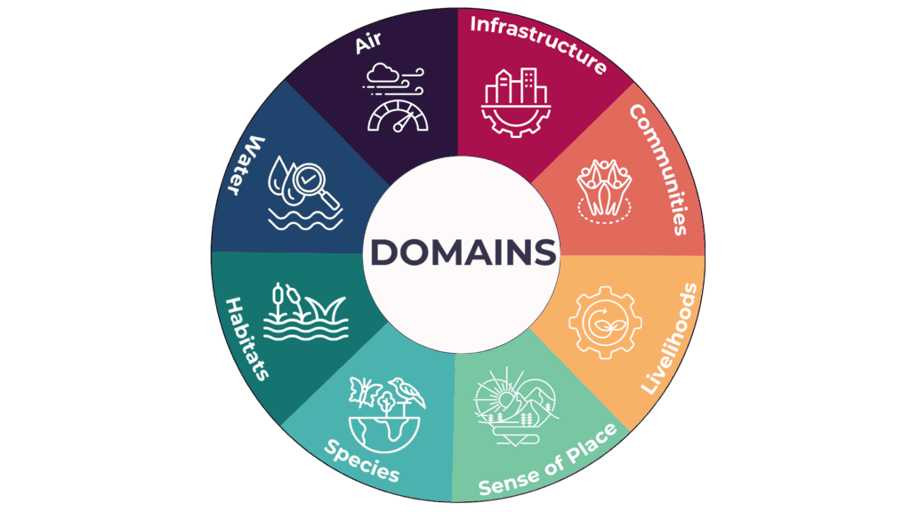 Wheel of "Domains," with slices including: Air, Water, Infrastructure, Communities, Livelihoods, Sense of Place, Species, Habitats, and Water